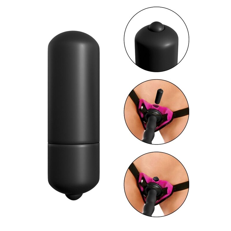 Close-up do Conjunto Strap-On Vibrante Roxo FETISH FANTASY SERIES, mostrando o arnês e o dildo vibratório.