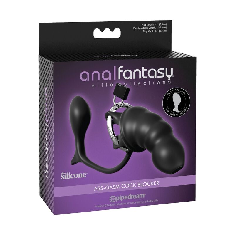 Anal Fantasy Elite Collection Ass-Gasm Cock Blocker com Plug Anal e Gaiola, destacando o material de silicone e design ergonómico.