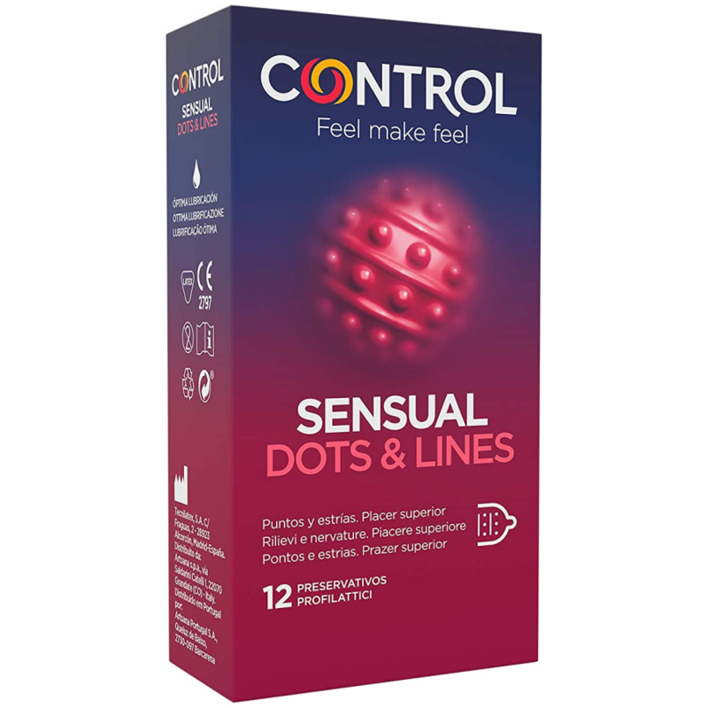 Close-up of the CONTROL Preservativos Pontos e Linhas Sensuais 12 Unidades showing texture and packaging.