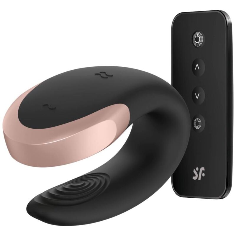Close-up of the Satisfyer Vibrador para Casais Double Love Luxury Preto, highlighting its elegant design and features.