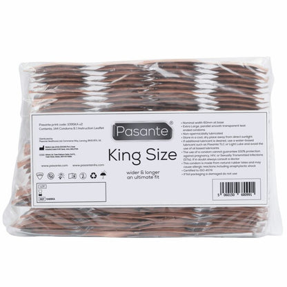 Embalagem de preservativos PASANTE King Size 144 unidades, mostrando as características do produto.