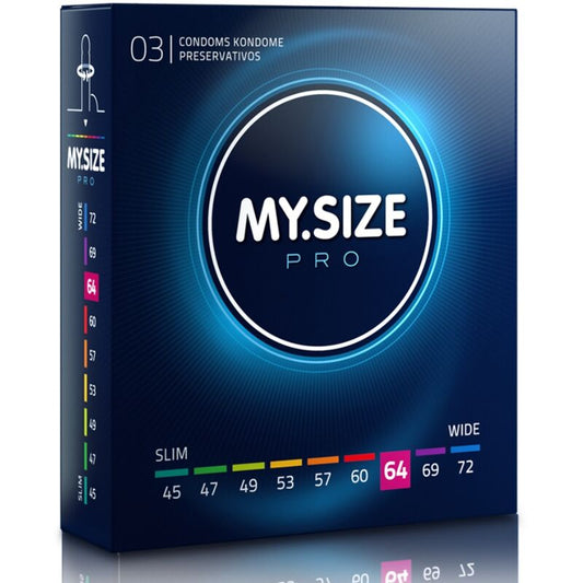 Close-up of the MY. SIZE PRO Preservativos 64mm - Embalagem 3 Unidades, highlighting its packaging and quality.