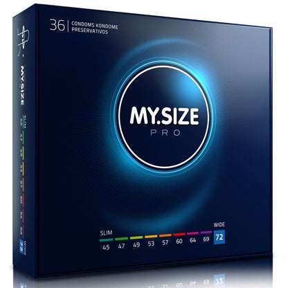 Embalagem de MY SIZE PRO Preservativos 72mm com 36 unidades, destacando a marca e o tamanho.