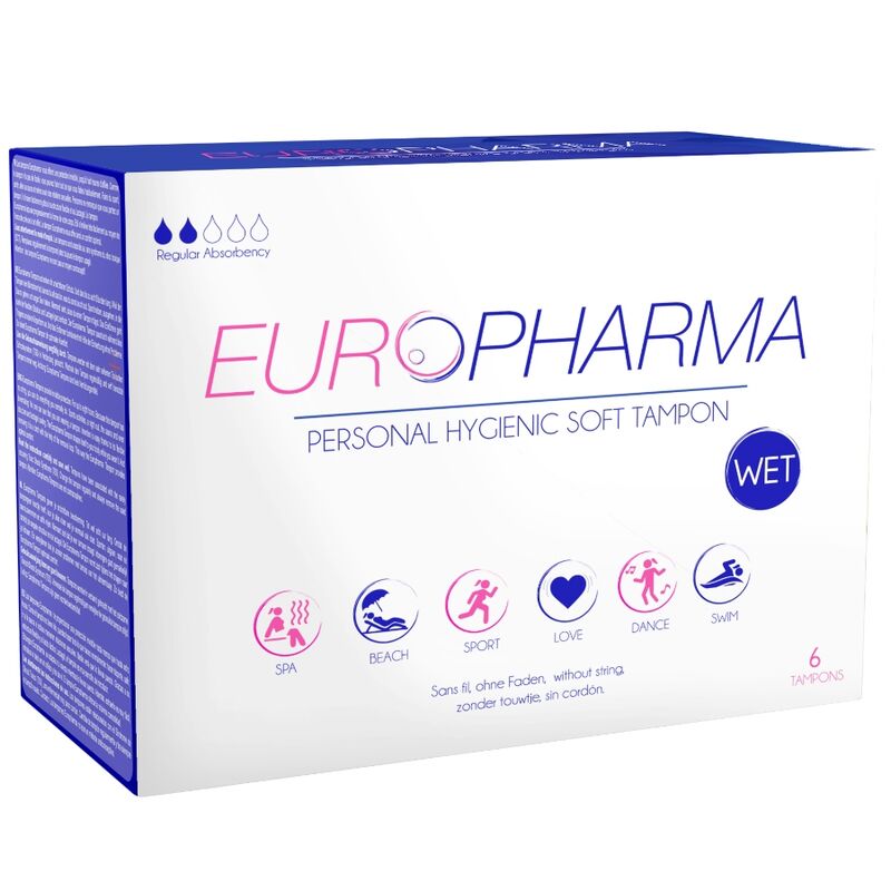 Tampões de Ação Sem Fio EUROPHARMA para liberdade e discrição durante a menstruação, caixa com 6 unidades.