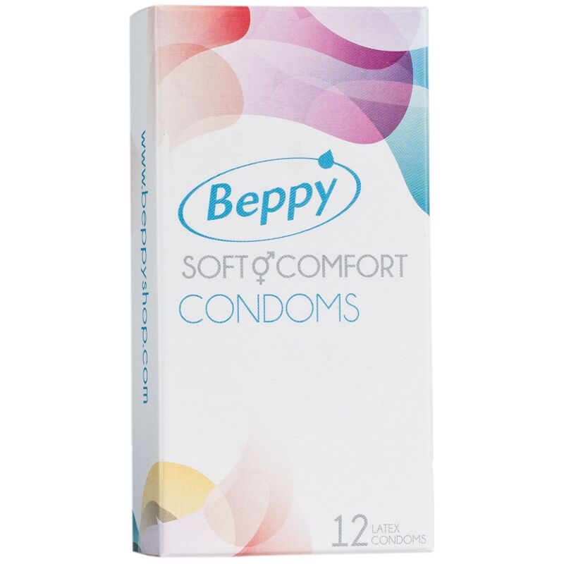 Close-up of Beppy Preservativos Macios e Confortáveis 12 unidades, showing packaging and product.