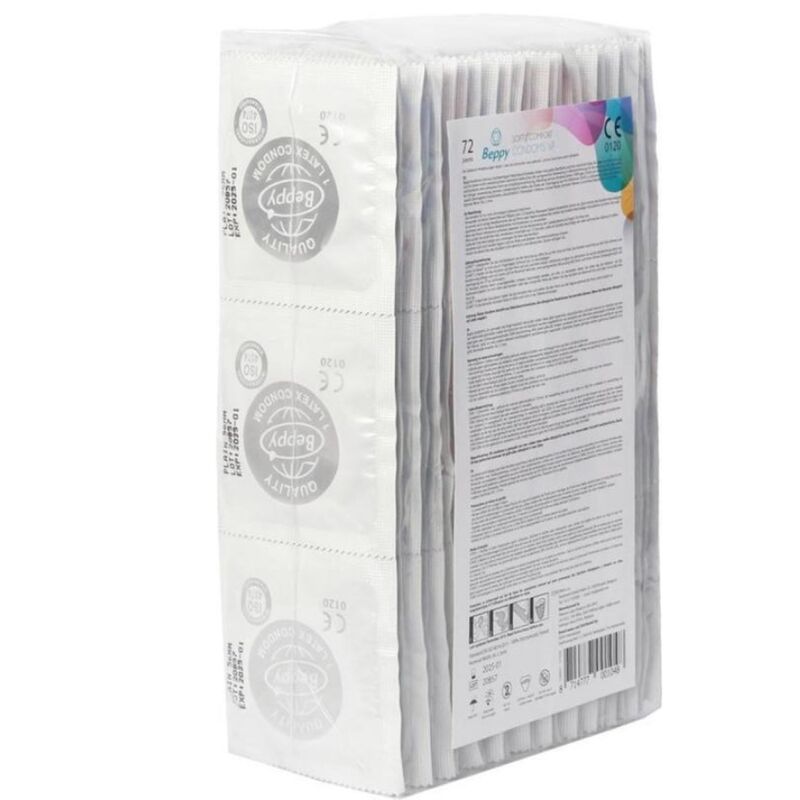 Embalagem de preservativos BEPPY Naturais de Alta Qualidade 72 Unidades, destacando a marca e a quantidade.