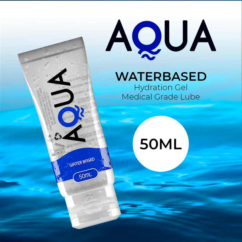 Frasco de AQUA QUALITY Lubrificante Íntimo À Base de Água 50 ML, destacando sua textura suave e transparente.