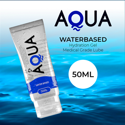 Frasco de AQUA QUALITY Lubrificante Íntimo À Base de Água 50 ML, destacando sua textura suave e transparente.