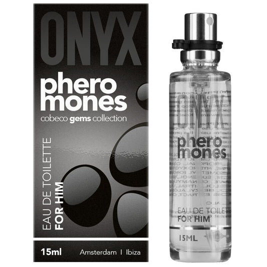 Frasco de COBECO Eau de Toilette Onyx Feromonas Masculinas 15ML, exibindo o design do produto.