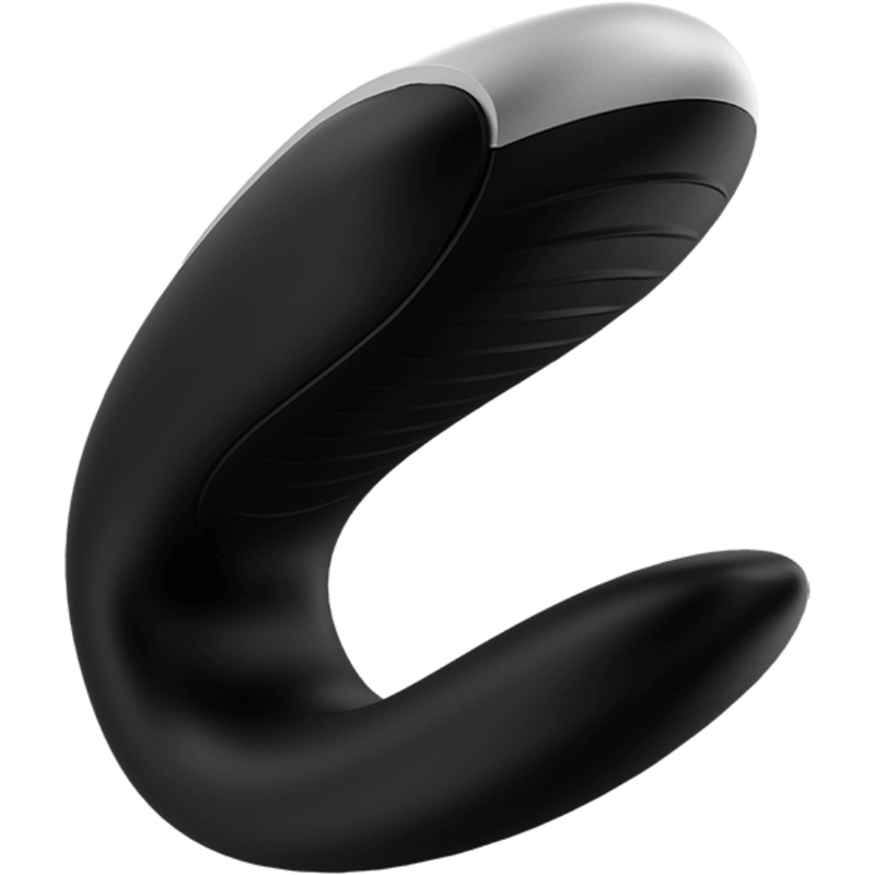 Vibrador Satisfyer Double Fun para Casais em preto, mostrando o design em U e os pontos de estimulação.
