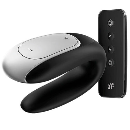 Vibrador Satisfyer Double Fun para Casais em preto, mostrando o design em U e os pontos de estimulação.
