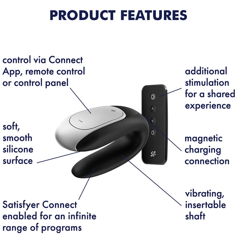 Vibrador Satisfyer Double Fun para Casais em preto, mostrando o design em U e os pontos de estimulação.