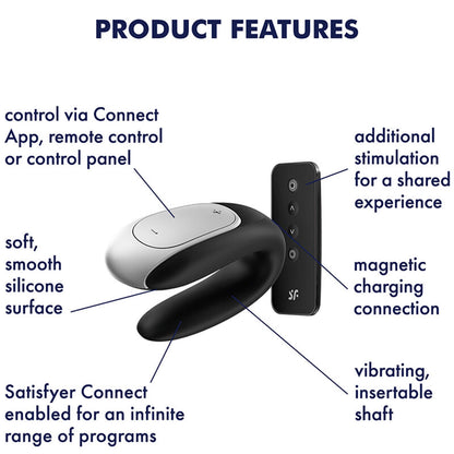 Vibrador Satisfyer Double Fun para Casais em preto, mostrando o design em U e os pontos de estimulação.
