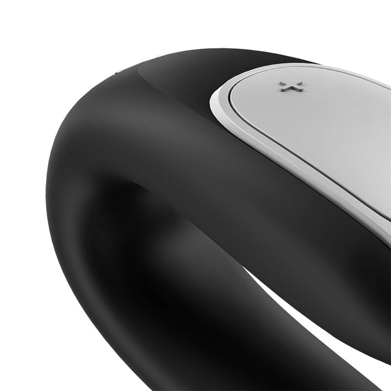 Vibrador Satisfyer Double Fun para Casais em preto, mostrando o design em U e os pontos de estimulação.