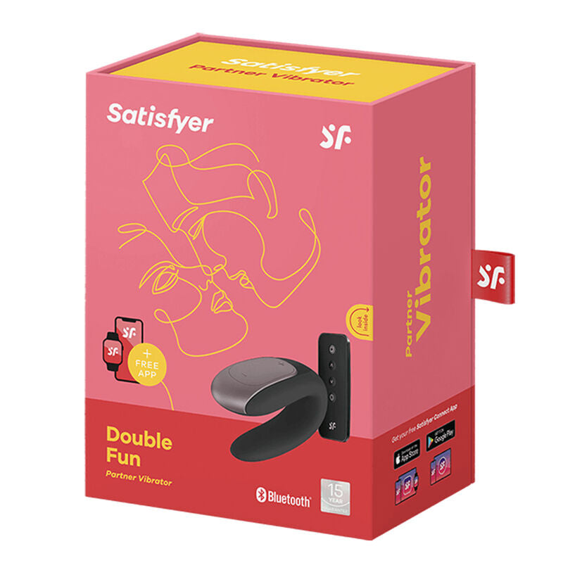 Vibrador Satisfyer Double Fun para Casais em preto, mostrando o design em U e os pontos de estimulação.