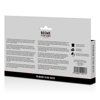 Máscara Cega BEGME Black Edition Premium em couro vegano elástico para BDSM