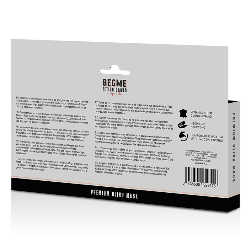 Máscara Cega BEGME Black Edition Premium em couro vegano elástico para BDSM