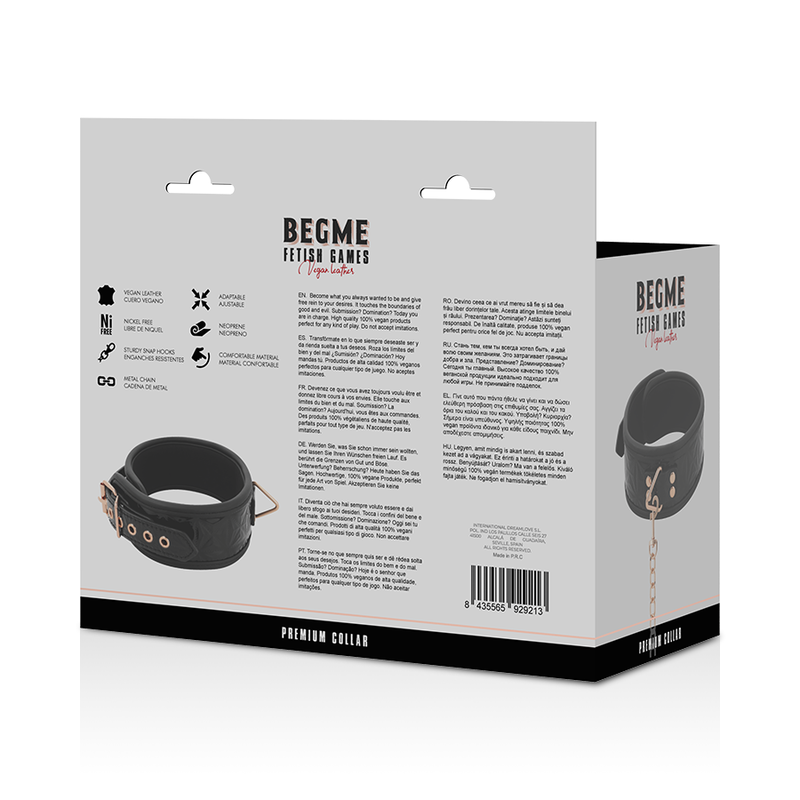 Colar BDSM de Couro Vegan BEGME Black Edition Premium com corrente de metal