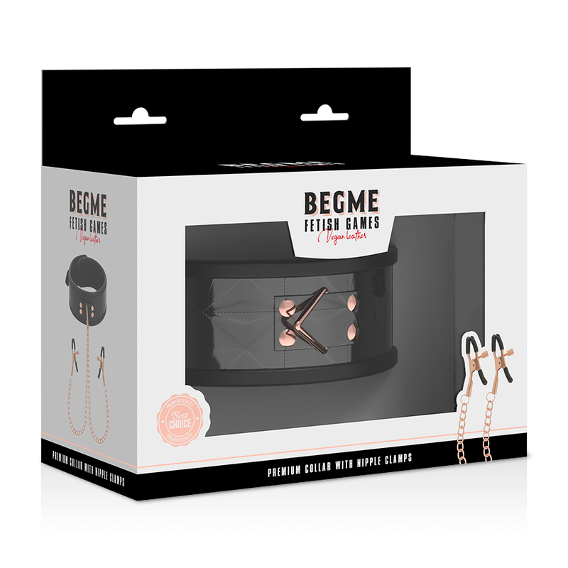 Close-up do Colar BEGME Black Edition com Clamps de Mamilo Ajustáveis, mostrando detalhes e materiais.
