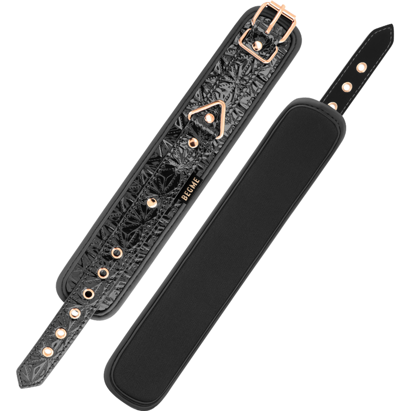 Close-up das Algemas BEGME Black Edition Premium, mostrando o couro vegano e fivelas.