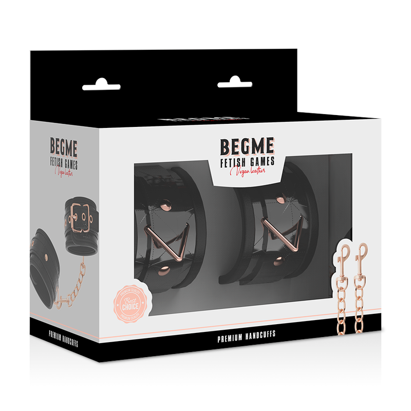 Close-up das Algemas BEGME Black Edition Premium, mostrando o couro vegano e fivelas.