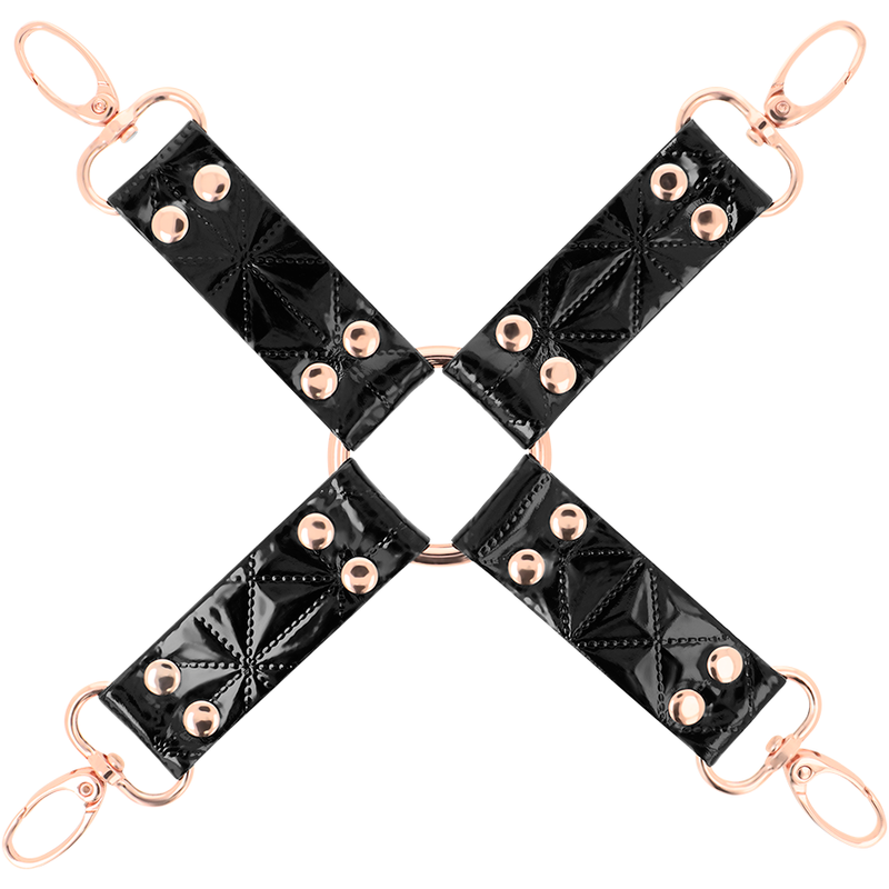 Close-up do Hog Tie Black Edition da BEGME em couro vegano e neoprene, destacando a qualidade e design para jogos de restrição.