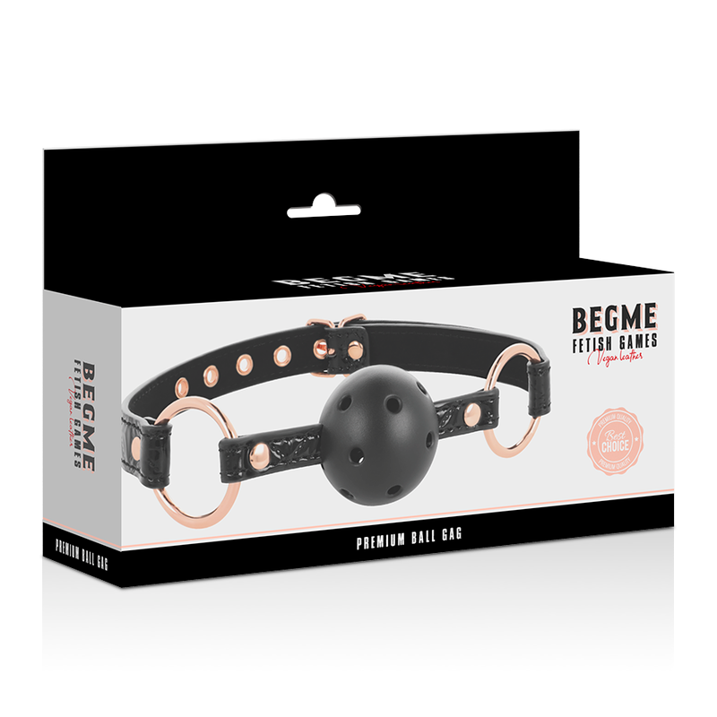 Close-up da BEGME Bola Gag Vegan Couro Black Edition para BDSM, mostrando detalhes do material e fecho.