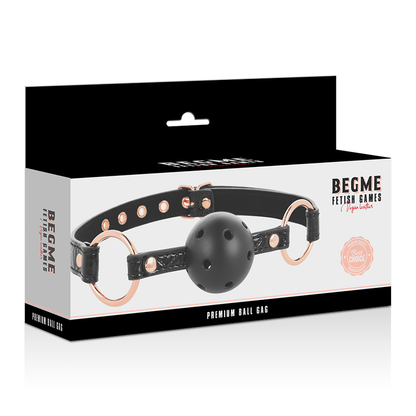 Close-up da BEGME Bola Gag Vegan Couro Black Edition para BDSM, mostrando detalhes do material e fecho.