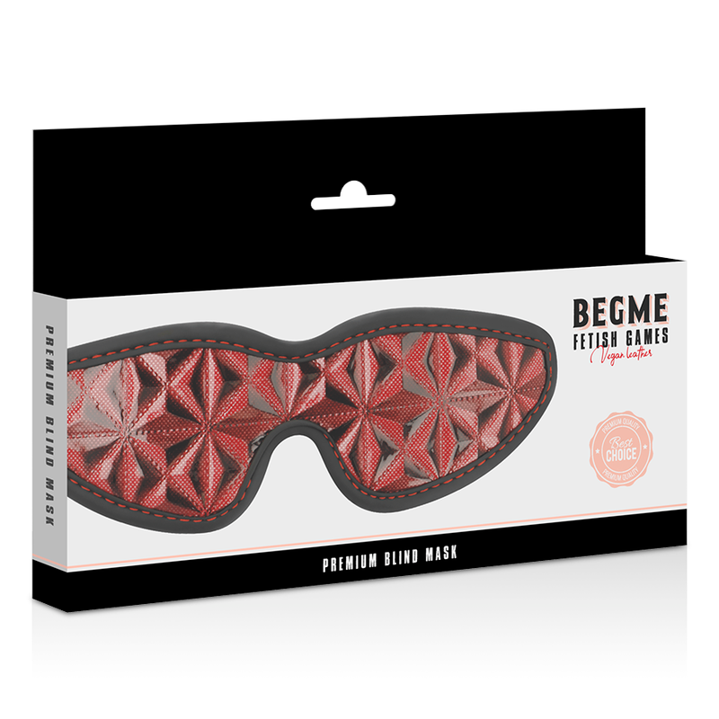 Close-up da BEGME Máscara Cega Premium Red Edition com forro de neoprene, destacando o design e material.
