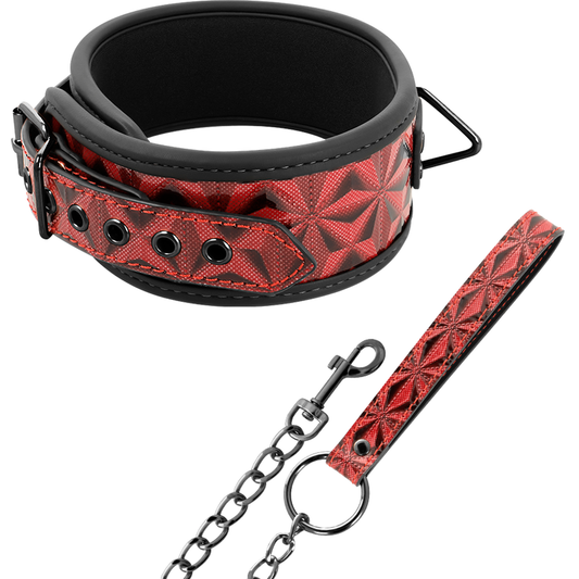Detalhe do Colar BEGME de Couro Vegano Premium Red Edition com Forro de Neoprene, mostrando a textura e os anéis metálicos.