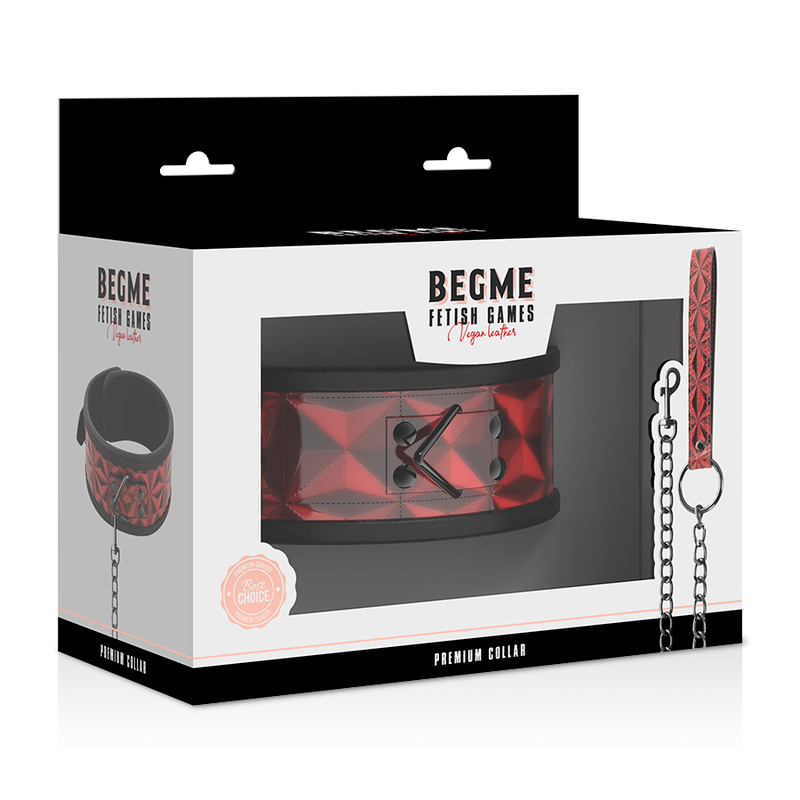 Detalhe do Colar BEGME de Couro Vegano Premium Red Edition com Forro de Neoprene, mostrando a textura e os anéis metálicos.