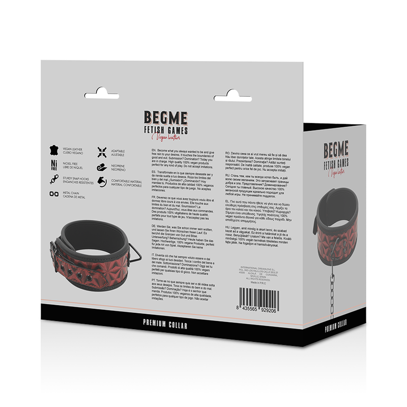 Detalhe do Colar BEGME de Couro Vegano Premium Red Edition com Forro de Neoprene, mostrando a textura e os anéis metálicos.
