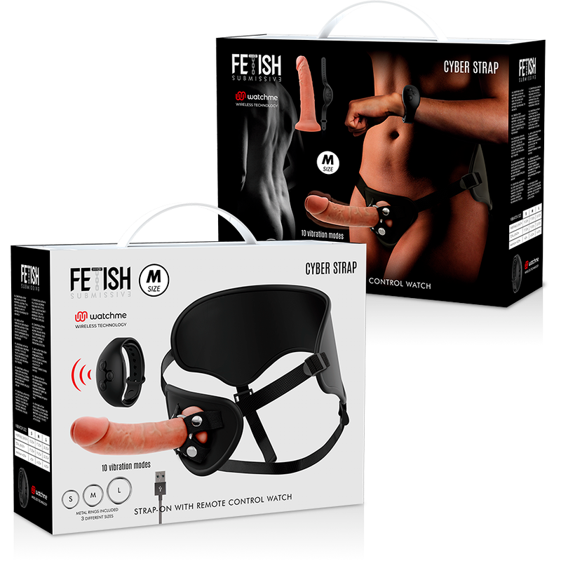 Cyberstrap Arnês com Dildo Realista e Controle Remoto Watchme, mostrando detalhes de design e material.