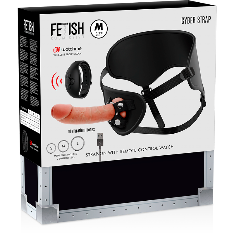 Cyberstrap Arnês com Dildo Realista e Controle Remoto Watchme, mostrando detalhes de design e material.
