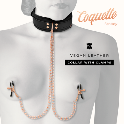 Close-up of the COQUETTE CHIC DESIRE Colar com Pinças de Mamilos e Forro de Neoprene, mostrando detalhes do couro vegano e das correntes.