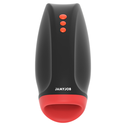 Close-up do masturbador masculino JAMYJOB Novax com vibração e compressão, mostrando seu design elegante e textura realista.