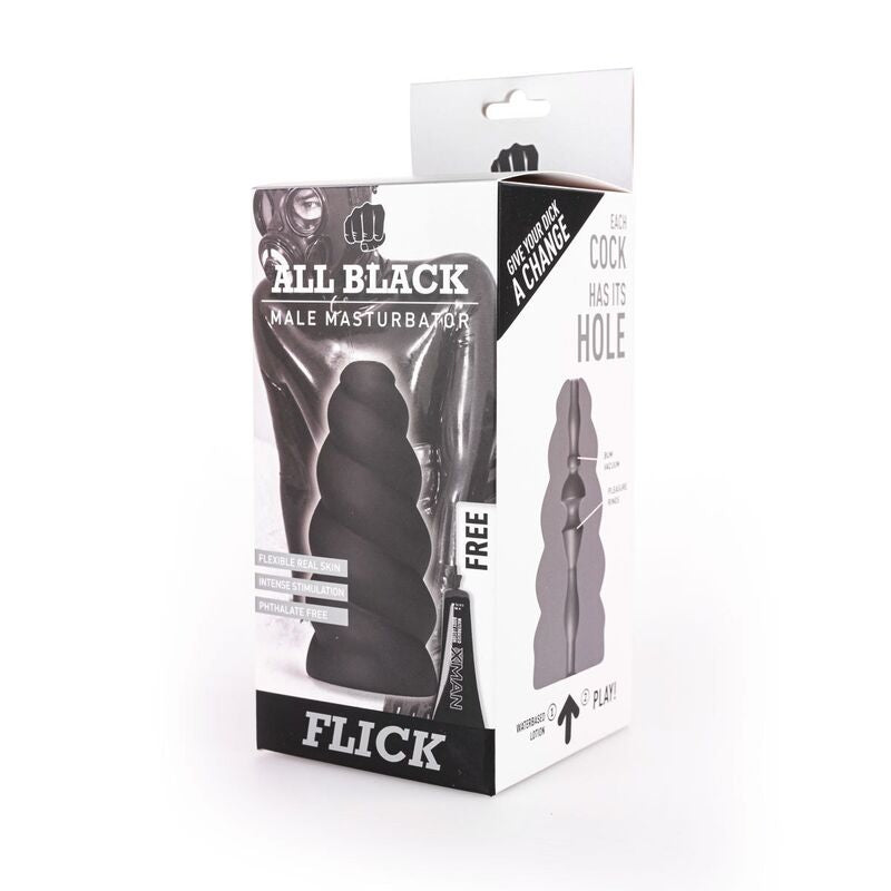 ALL BLACK Masturbador Flick com textura espiral, detalhando seu design elegante e material.