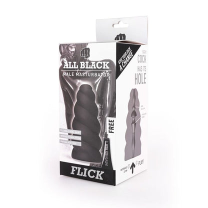 ALL BLACK Masturbador Flick com textura espiral, detalhando seu design elegante e material.