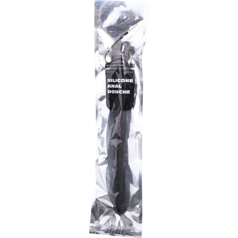 Duche anal de silicone preto flexível de 27 cm com adaptador universal para higiene íntima.
