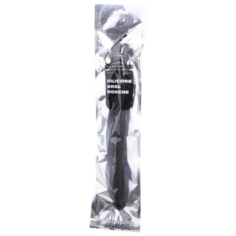 ALL BLACK Ducha Anal de Chuveiro em Silicone 27cm Grande mostrando o material flexível e o adaptador universal.