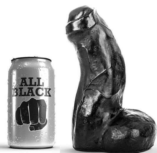 Dildo realista ALL BLACK preto de 17cm, mostrando a textura e o material seguro.