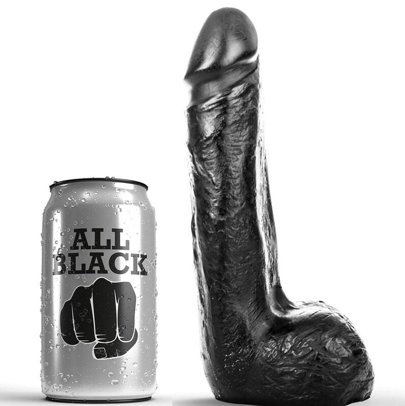 Close-up do Dildo Realista ALL BLACK Preto Suave 20 CM mostrando sua textura e detalhes semirrealistas.