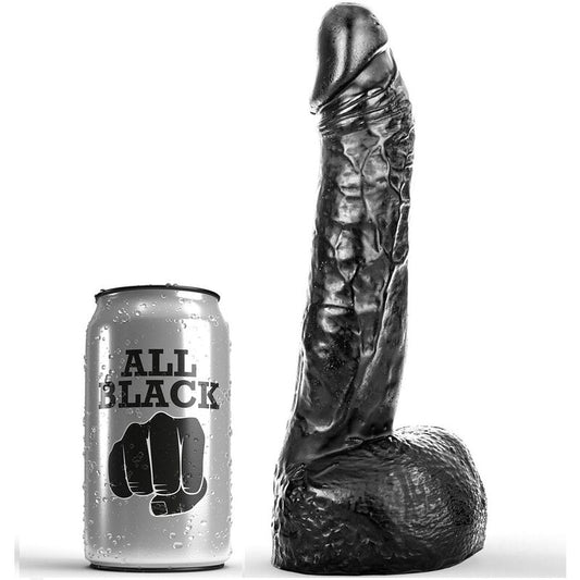 Close-up of the ALL BLACK DILDO Realista 20 CM, showcasing its realistic texture and ergonomic design.