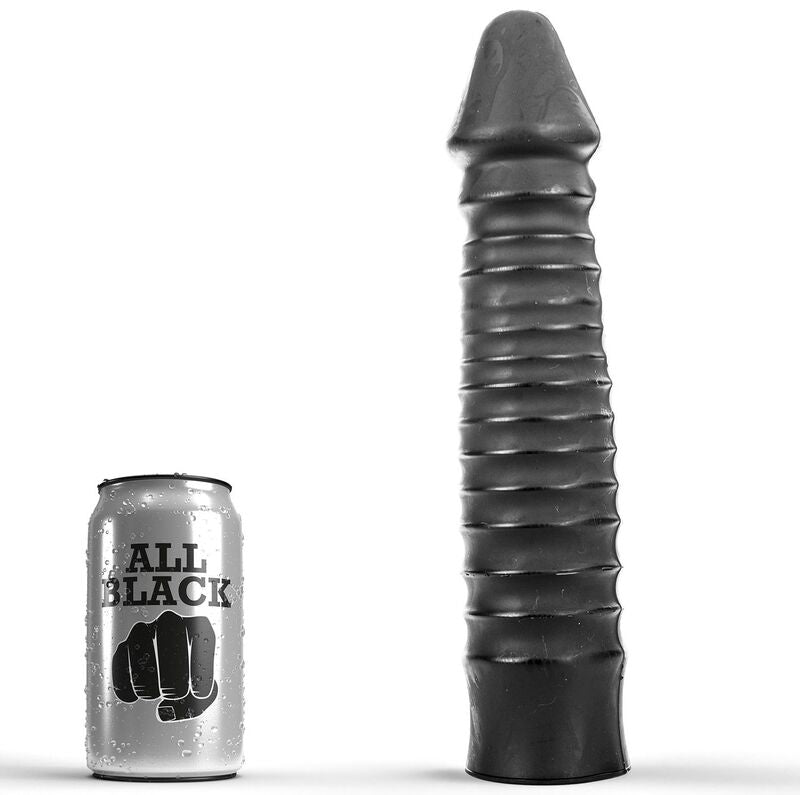 Dildo ALL BLACK estriado e grande de 26 cm, mostrando a sua textura e dimensões para prazer intenso.