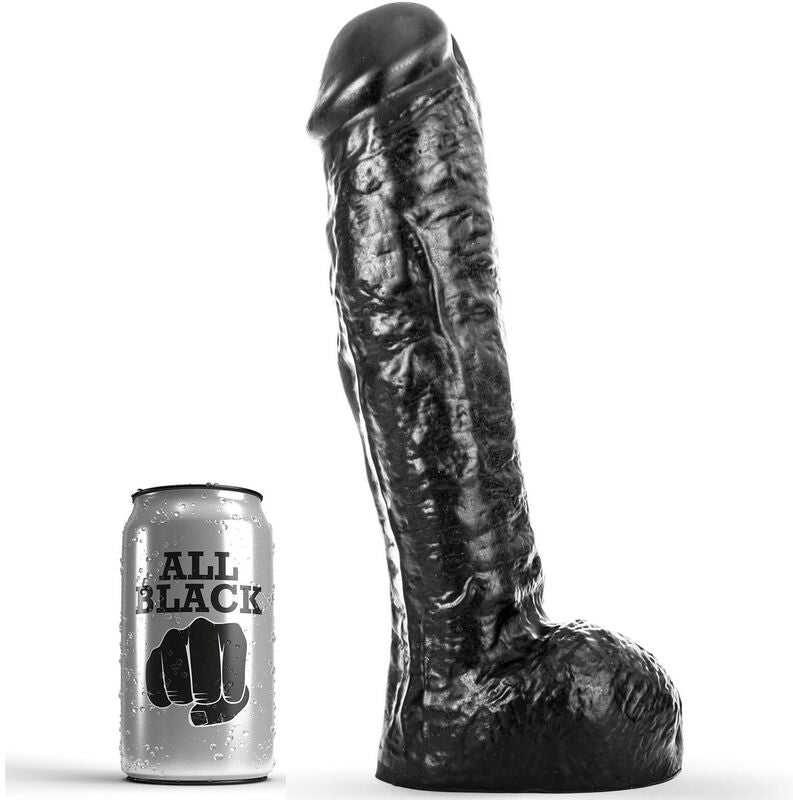 ALL BLACK Dildo Realista Grosso de 29cm, mostrando detalhes da textura e tamanho.