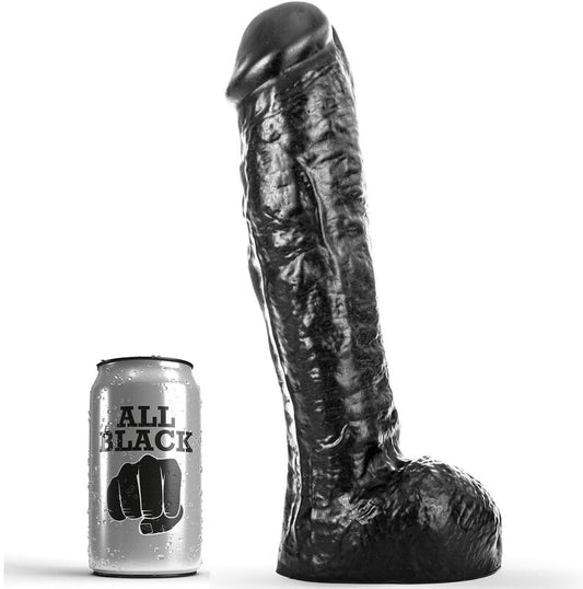ALL BLACK Dildo Realista Grosso de 29cm, mostrando detalhes da textura e tamanho.