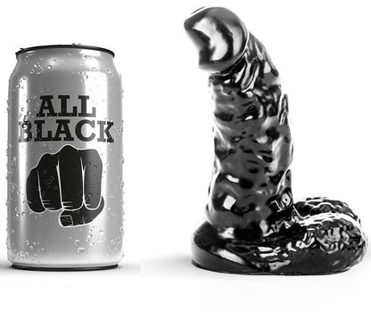 Close-up do ALL BLACK Dildo 13 CM Iniciante com Haste Nervurada, mostrando seu design e textura para exploração sexual.