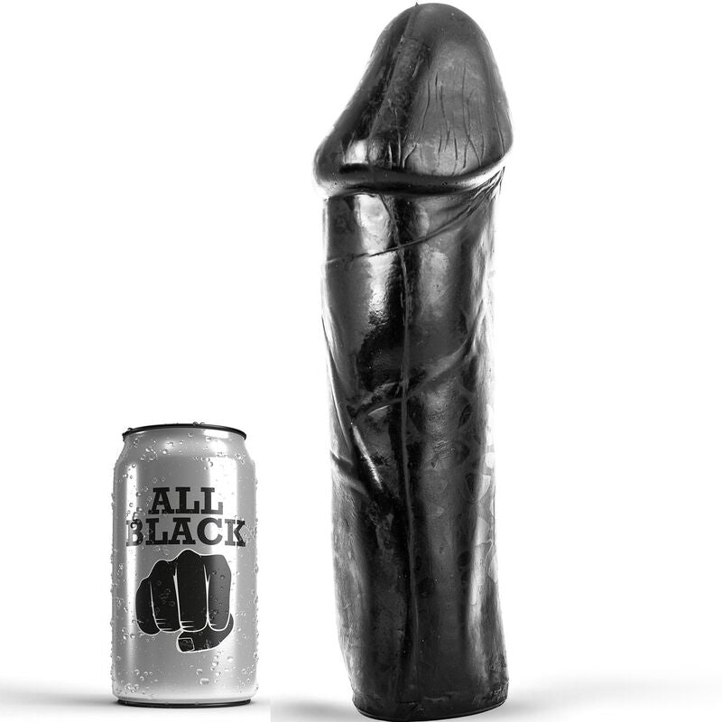 Close-up do Dildo ALL BLACK Realista Haste Sólida 28 CM, mostrando sua textura e design ergonómico.