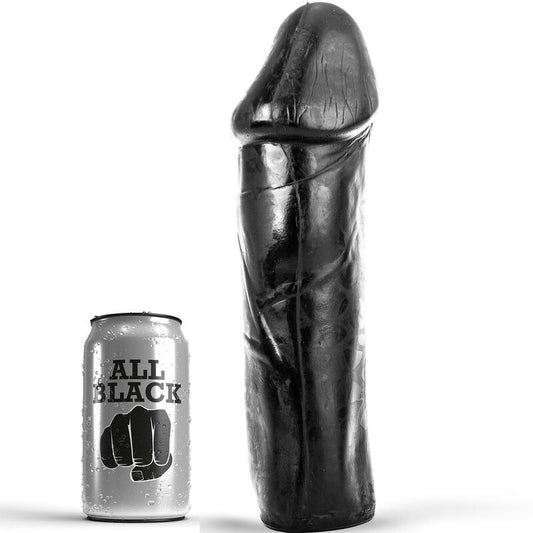 Close-up do Dildo ALL BLACK Realista Haste Sólida 28 CM, mostrando sua textura e design ergonómico.