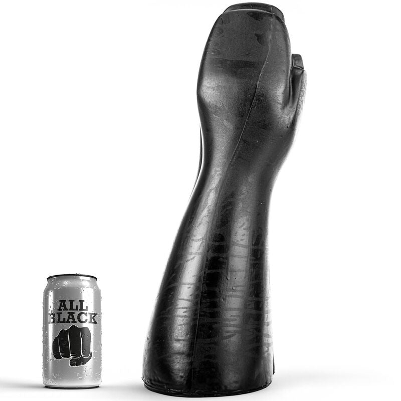 Dildo Fisting ALL BLACK realista de 39 CM em PVC flexível, detalhe da mão e braço.